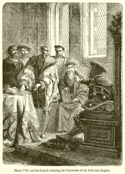 Hendrik VIII en zijn Raad die de vertaling van de Bijbel in het Engels bevelen door English School