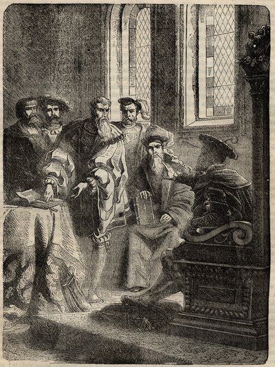 Hendrik VIII en zijn Raad die de vertaling van de Bijbel in het Engels bevelen - 1538 - gravure uit 