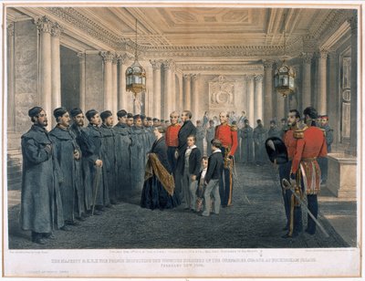Hare Majesteit Koningin Victoria (1819-1901) en Z.K.H. Prins Albert (1819-61) inspecteren de gewonde soldaten van de Grenadier Guards in Buckingham Palace, 1855 door English School