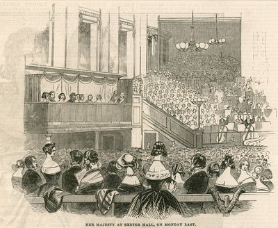 Hare Majesteit Koningin Victoria in Exeter Hall, Strand, Londen door English School