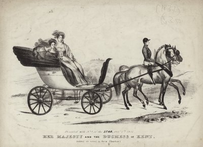 Hare Majesteit en de Hertogin van Kent maken een ritje in hun Phaeton door English School
