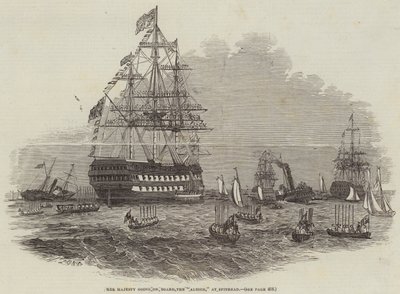 Hare Majesteit gaat aan boord van de "Albion," bij Spithead door English School