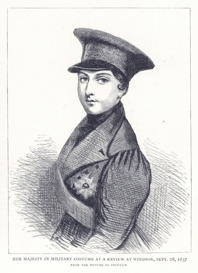 Hare Majesteit in militair kostuum bij een review in Windsor, 28 september 1837 door English School