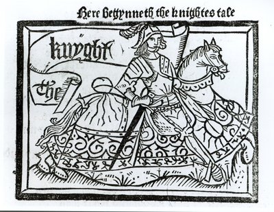 Hier Begint het Verhaal van de Ridder, illustratie uit The Canterbury Tales door Geoffrey Chaucer (c.1345-1400) gedrukt door William Caxton (c.1422-91) 1434 door English School