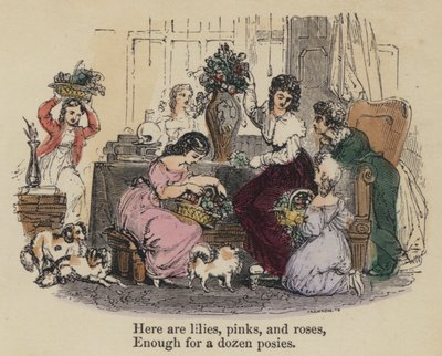 Hier zijn lelies, anjers en rozen, Genoeg voor een dozijn boeketten (gekleurde gravure) door English School