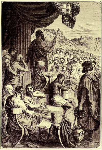 Herodotos leest zijn geschiedenis voor op een openbaar festival, illustratie uit The Illustrated History of the World, gepubliceerd ca. 1880 door English School