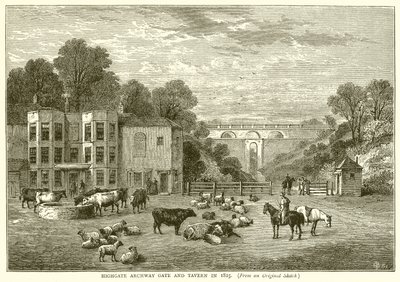 Highgate Archway Gate en Tavern in 1825 door English School