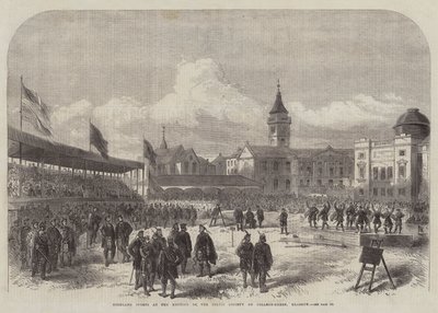 Hooglandspelen bij de bijeenkomst van de Keltische Vereniging op College-Green, Glasgow (gravure) door English School