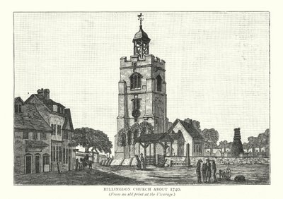 Hillingdon Kerk omstreeks 1740 (gravure) door English School