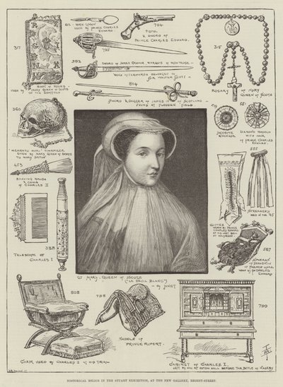 Historische relikwieën in de Stuart-tentoonstelling, in de New Gallery, Regent-Street door English School