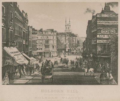 Holborn Hill, zoals het eruitzag voor de constructie van het Holborn Viaduct door English School