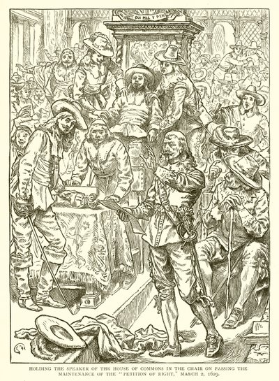 De voorzitter van het Lagerhuis in de stoel houden bij het aannemen van het Onderhoud van het Petitierecht, 2 maart 1629 door English School