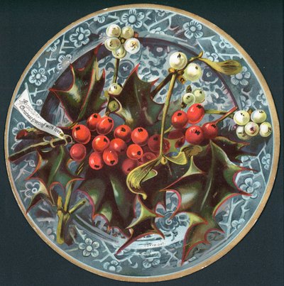 Hulst en Maretak op een bord, Kerstkaart door English School