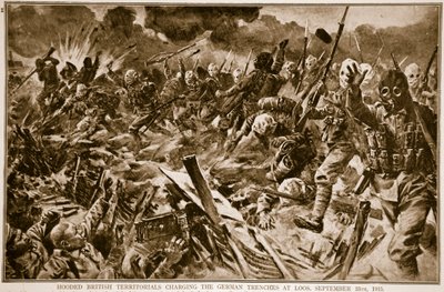 Britse territoriale troepen met gasmaskers bestormen de Duitse loopgraven bij Loos, 25 september 1915 door English School