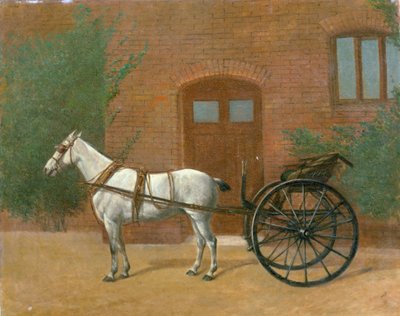 Paard vastgemaakt aan een jauntingkar door English School