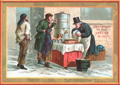 Hete koffie op een koude dag, kerstkaart door English School