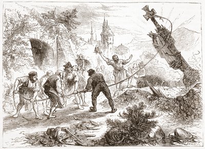 Hottinger vernietigt het beeld, illustratie uit De Geschiedenis van het Protestantisme door James Aitken Wylie, 1878 door English School