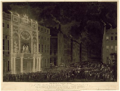Huis op Portman Square van de Franse Ambassadeur, verlicht om de Vrede te vieren, 29 april 1802 door English School