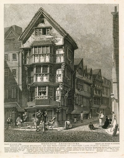 Huizen die onlangs stonden op de westelijke hoek van Chancery Lane, Fleet Street, Londen door English School