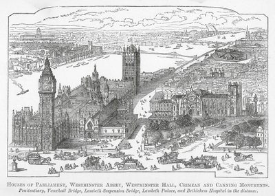 Houses of Parliament, Westminster Abbey, Westminster Hall, Krim- en Canningmonumenten (gravure) door English School