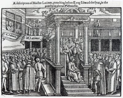Hugh Latimer (ca.1485-1555) predikend voor koning Edward VI (1537-53) in Westminster in 1547, uit 