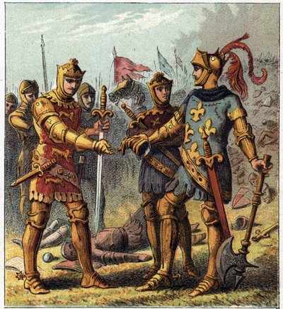 Honderdjarige Oorlog: Slag bij Poitiers (1356). De koning van Frankrijk Jan II de Goede (1319-1364) erkende zijn nederlaag en ging naar Edward Plantagenet van Engeland. door English School