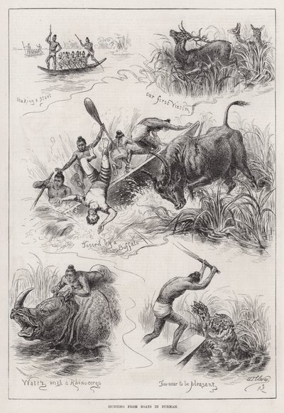 Jagen vanuit Boten in Birma (gravure) door English School
