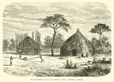 Huttenbouw in een dorp van Uhiya, Centraal-Afrika door English School