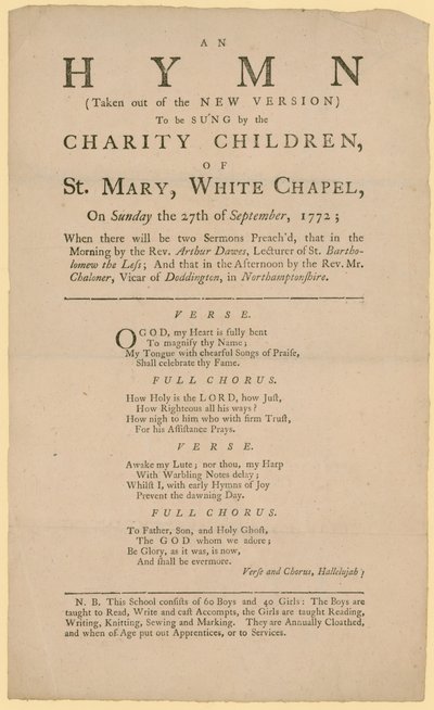 Hymne gezongen door de liefdadigheidskinderen van St Mary door English School