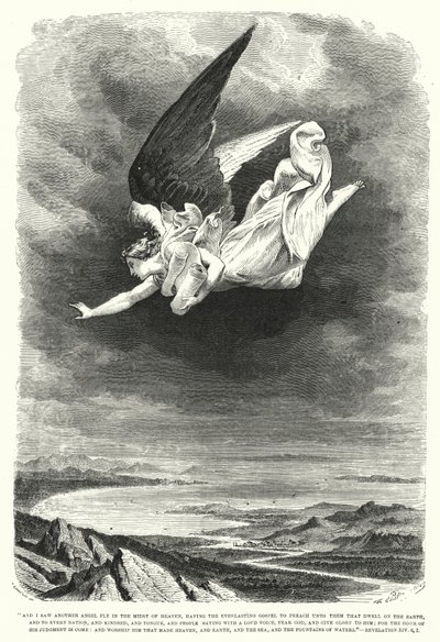 Ik zag een andere engel vliegen in het midden van de hemel, Openbaring XIV, 6, 7 (gravure) door English School
