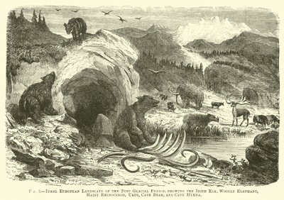 Ideaal Europees landschap van de postglaciale periode, met de Ierse eland, wollige olifant, harige neushoorn, oeros, grotbeer en grothyena door English School