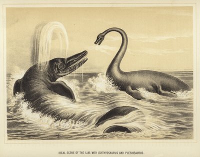 Ideaal beeld van de Lias met Ichthyosaurus en Plesiosaurus door English School