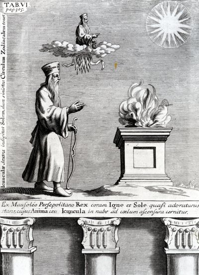 Illustratie van Zoroaster die vuur en de zon aanbidt door English School