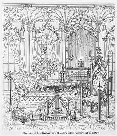 Illustratie van de extravagante stijl van Modern Gothic Furniture and Decoration, uit True Principles of Pointed of Christian Architecture, door Augustus Welby Pugin door English School