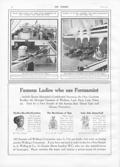 Illustraties van de Titanic en Olympic, uit The Sphere, 04 mei 1912 door English School