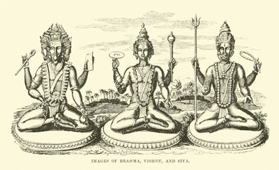 Beelden van Brahma, Vishnu en Siva door English School