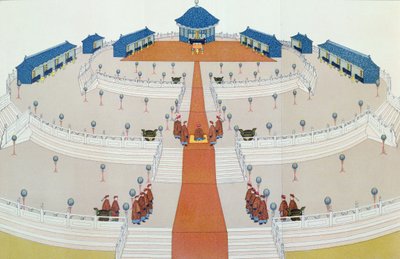 Keizerlijke aanbidding van Shangti op het altaar van de hemel in Peking, illustratie uit The Middle Kingdom door Samuel Wells Williams, 1883 door English School