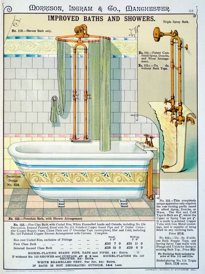 Verbeterde baden en douches uit een catalogus van sanitair geproduceerd door Morrison, Ingram & Co., Manchester, gepubliceerd ca.1890 door English School