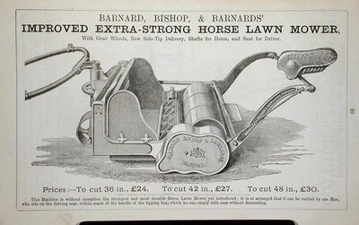 Verbeterde Extra-Sterke Paardengrasmaaier, illustratie uit een tuincatalogus, gepubliceerd door Barnard Bishop & Barnard door English School