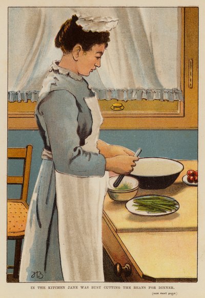 In de keuken was Jane druk bezig de bonen voor het avondeten te snijden door English School