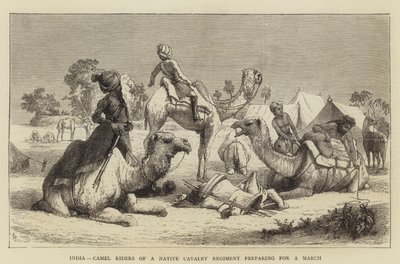 India, Kameelrijders van een inheems cavalerie regiment bereiden zich voor op een mars door English School