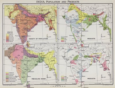 India, Bevolking en Producten (kleur litho) door English School