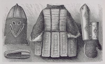 Indiase wapenrusting bestaande uit helm, tuniek, handschoenen en schoenen uit Bhuj, uit De Geschiedenis van de Mensheid, Vol.III, door Prof. Friedrich Ratzel, 1898 door English School