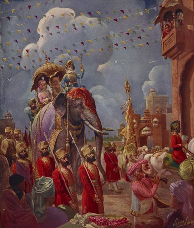 Indiase processie met olifant, schilderij door Sobha Singh, uit de Indiase Bijlage van Illustrated London News door English School