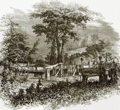 Indiase grafmonumenten aan de oevers van de Cowlitz rivier door English School