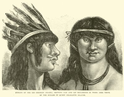 Indianen van de Rio Oermejo (Brazilië), met oor- en lipornamenten van hout, zoals die van de Hydahs op de Queen Charlotte-eilanden door English School