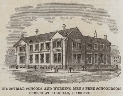 Industriële scholen en gratis schoolkerk voor arbeiders in Kirkdale, Liverpool (gravure) door English School