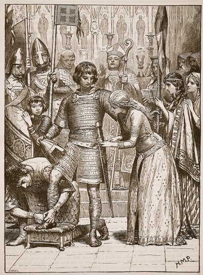 Inwijding in de ridderorde, illustratie uit Cassells Illustrated History of England door English School