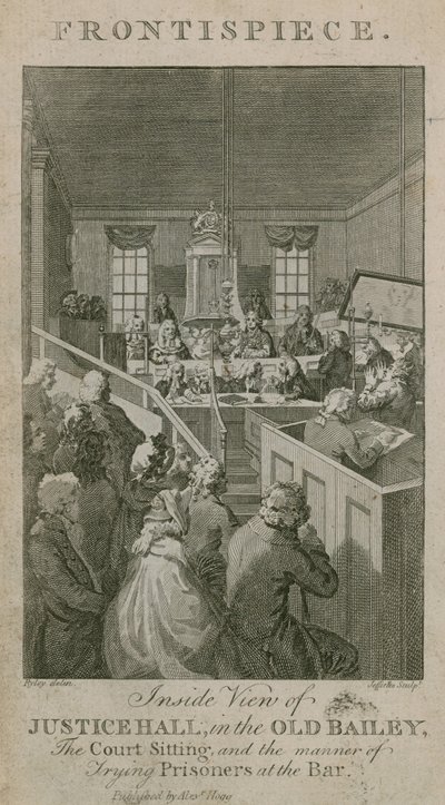 Binnenaanzicht van Justice Hall in de Old Bailey, de rechtbank zittend, en de manier van het berechten van gevangenen aan de Bar door English School