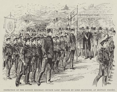 Inspectie van de Londense diocesane kerkbrigade door Lord Stanmore, bij Bentley Priory (gravure) door English School